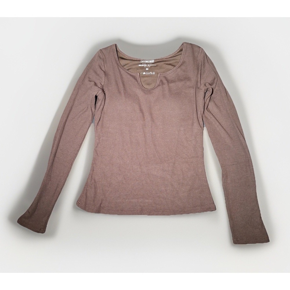 Chrome Riot Womens Ribbed Long Sleeve Notched Scoop Neck Top Taupe Brown Size M